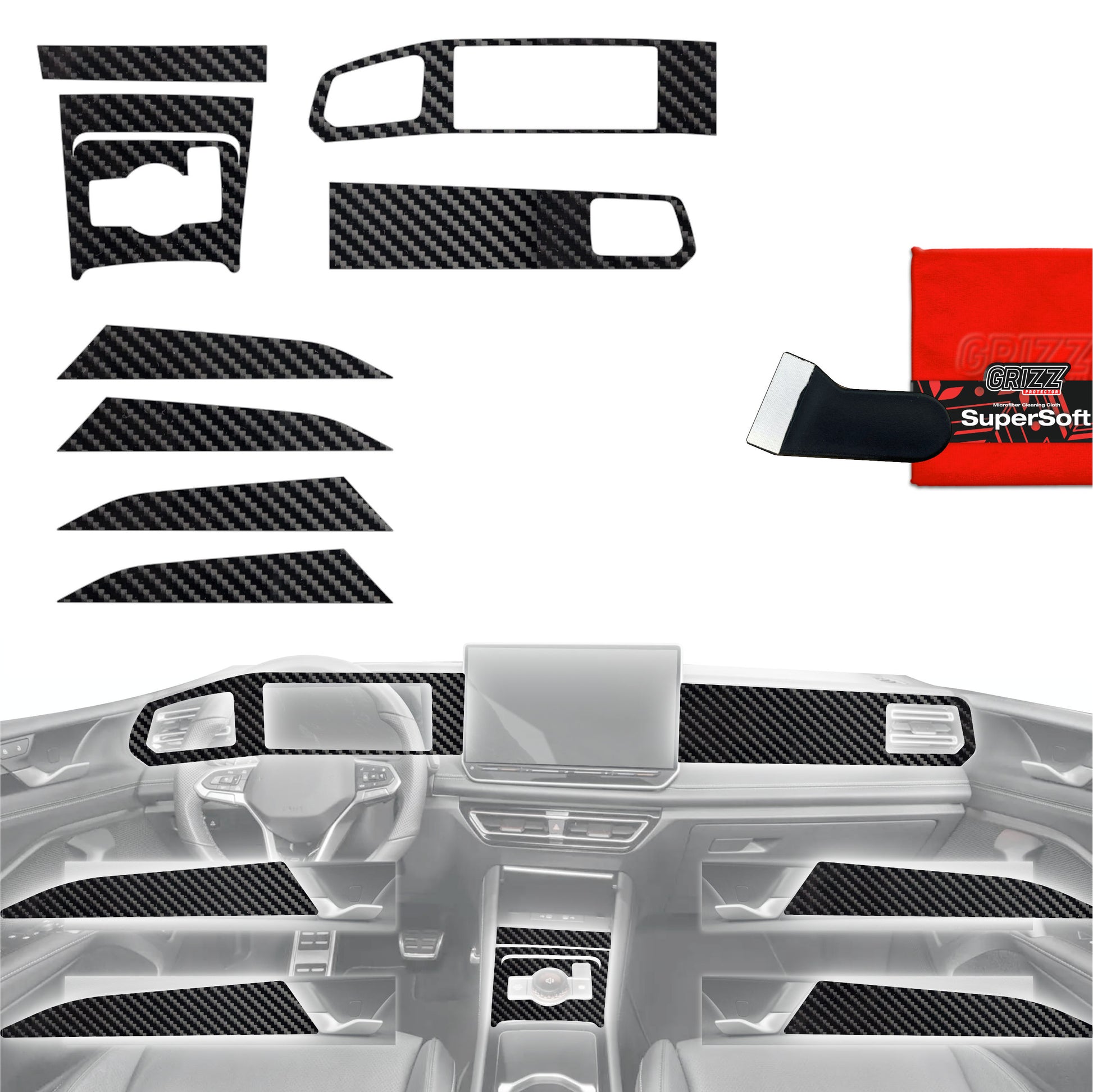 Folie de protecție 8în1 pentru consola centrală și bord - Volkswagen Tiguan 3 (2024-2025) aspect carbon lucios