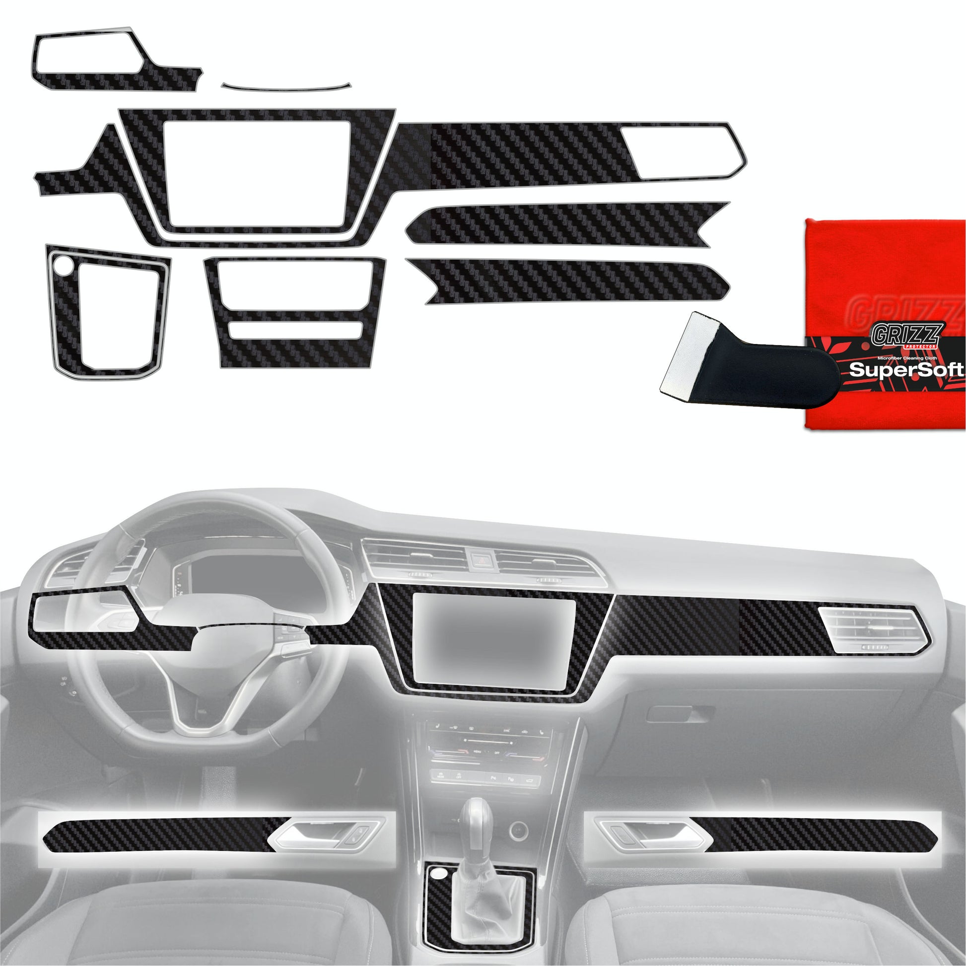 Folie de protecție 9în1 pentru consola centrală și bord - Volkswagen Touran Highline (2025) aspect carbon mat, antiamprentă