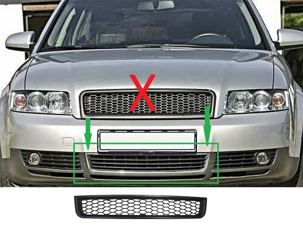 Grila inferioară bara sport din plasă, compatibilă cu Audi A4 8E B6, negru mat