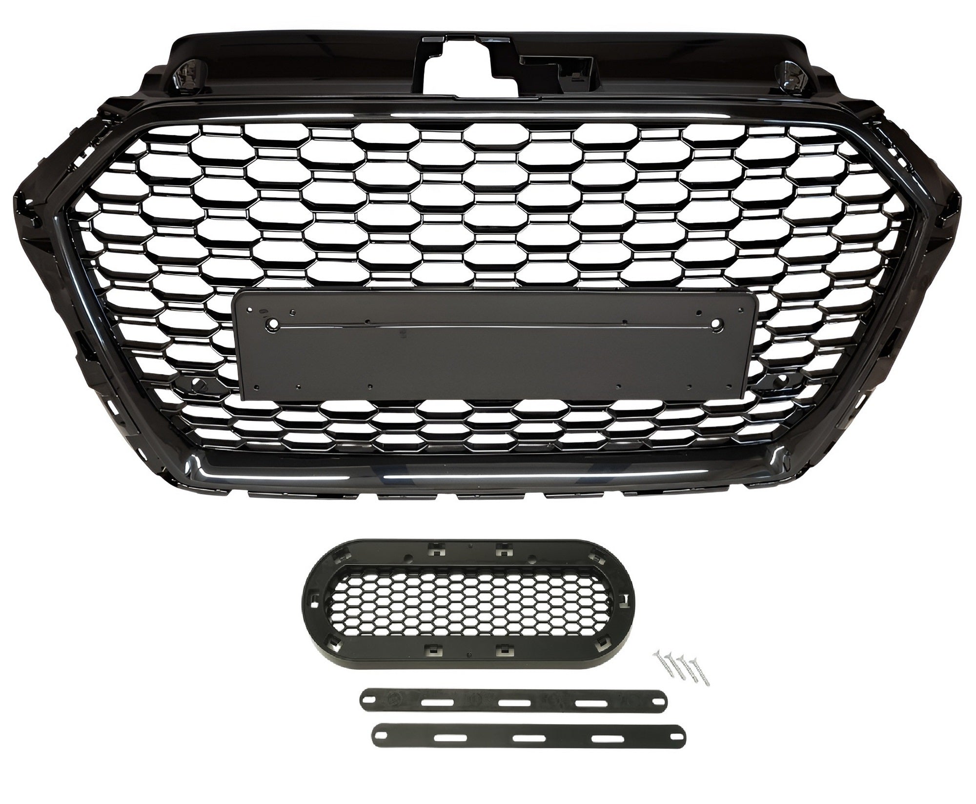Suport emblemă grilă sport Audi A3 8V Facelift, design fagure, negru lucios, 2016-