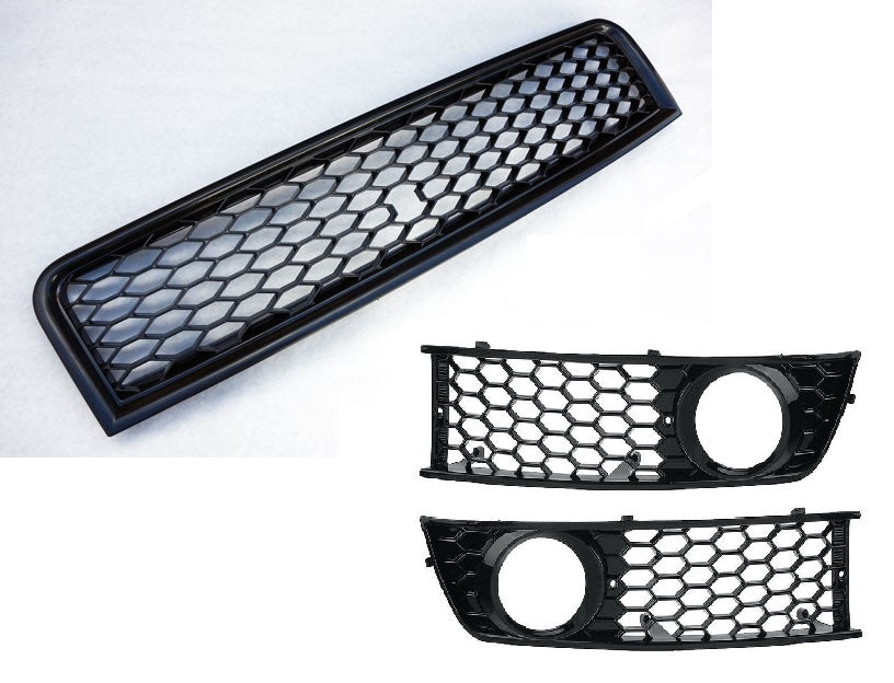Grilă tip plasă + capac proiectoare de ceață compatibilă cu Audi A4 8E/B6