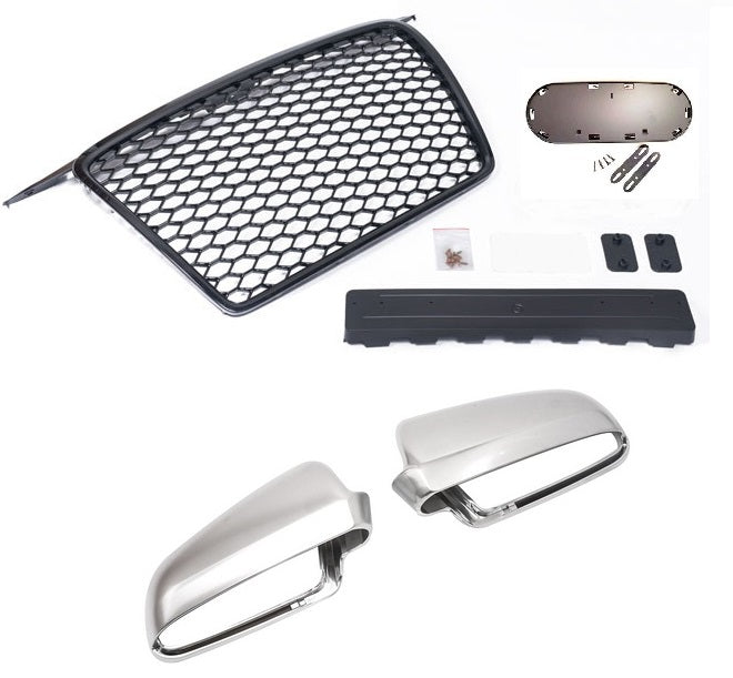 Grilă tip plasă pentru Audi A3 8P S-Line 05-08 + capace oglinzi cu aspect de aluminiu