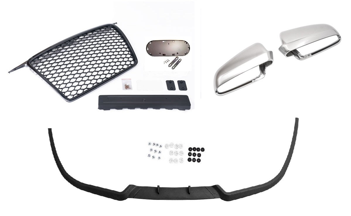 Grilă tip plasă compatibilă cu Audi A3 8P 05-08 + capace oglinzi cu aspect de aluminiu, spoiler tip cupă