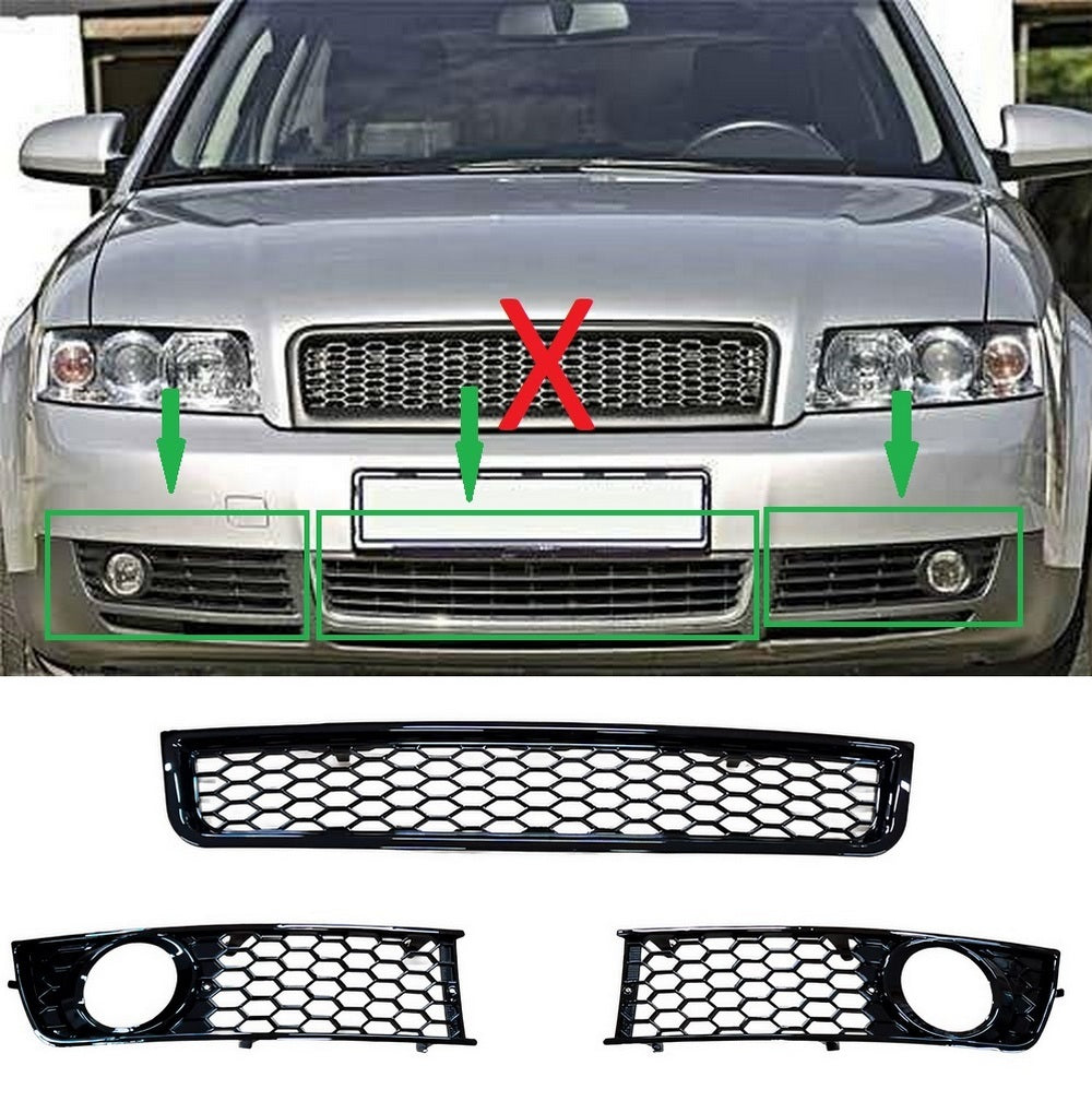 Grilă inferioară bara sport și capac proiectoare ceață compatibile cu Audi A4 8E B6