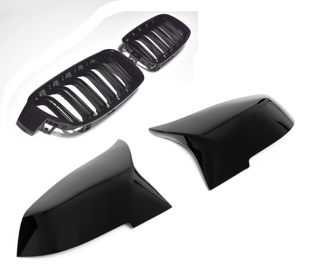 Grilă oglindă compatibilă cu BMW Seria 3 F30 / F31 cu 4 uși, 10/2011-2019, capace negru lucios
