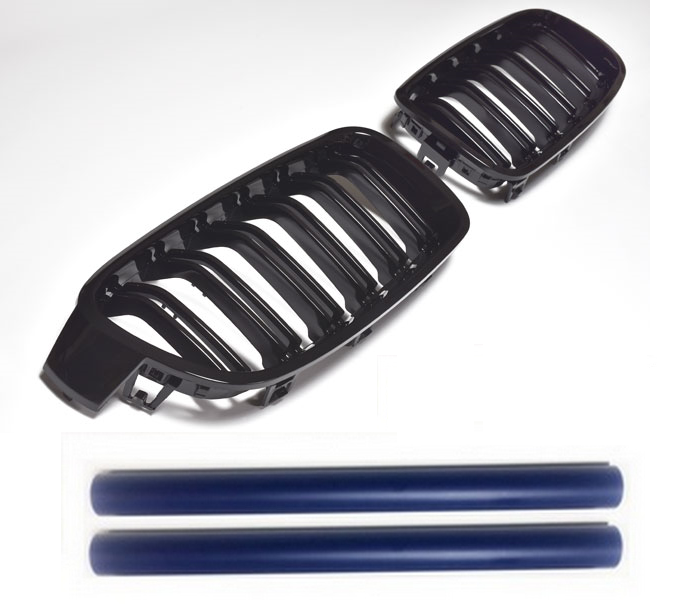 Grilă bara spate compatibilă cu BMW Seria 3 F30 / F31 cu 4 uși, 10/2011-2019, negru lucios, cu capac grilă albastră