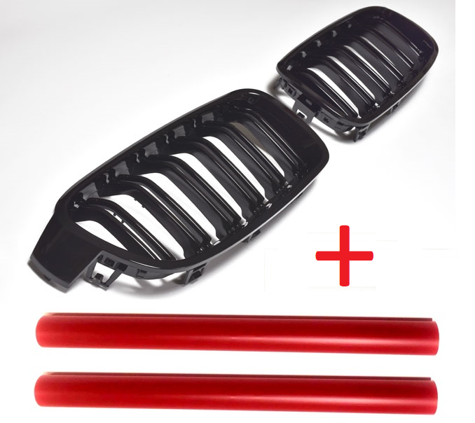 Grilă bara spate compatibilă cu BMW Seria 3 F30 / F31 cu 4 uși, 10/2011-2019, negru mat, cu capac grilă roșie