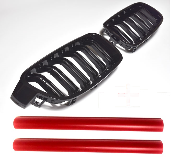 Grilă bara spate compatibilă cu BMW Seria 3 F30 / F31 cu 4 uși, 10/2011-2019, negru lucios, cu capac grilă roșie