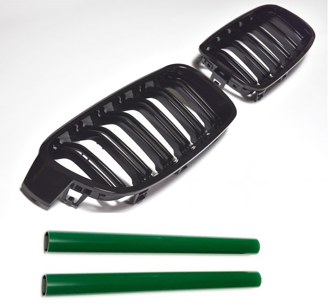 Grilă bara spate compatibilă cu BMW Seria 3 F30 / F31 cu 4 uși, 10/2011-2019, negru lucios, cu capac grilă verde