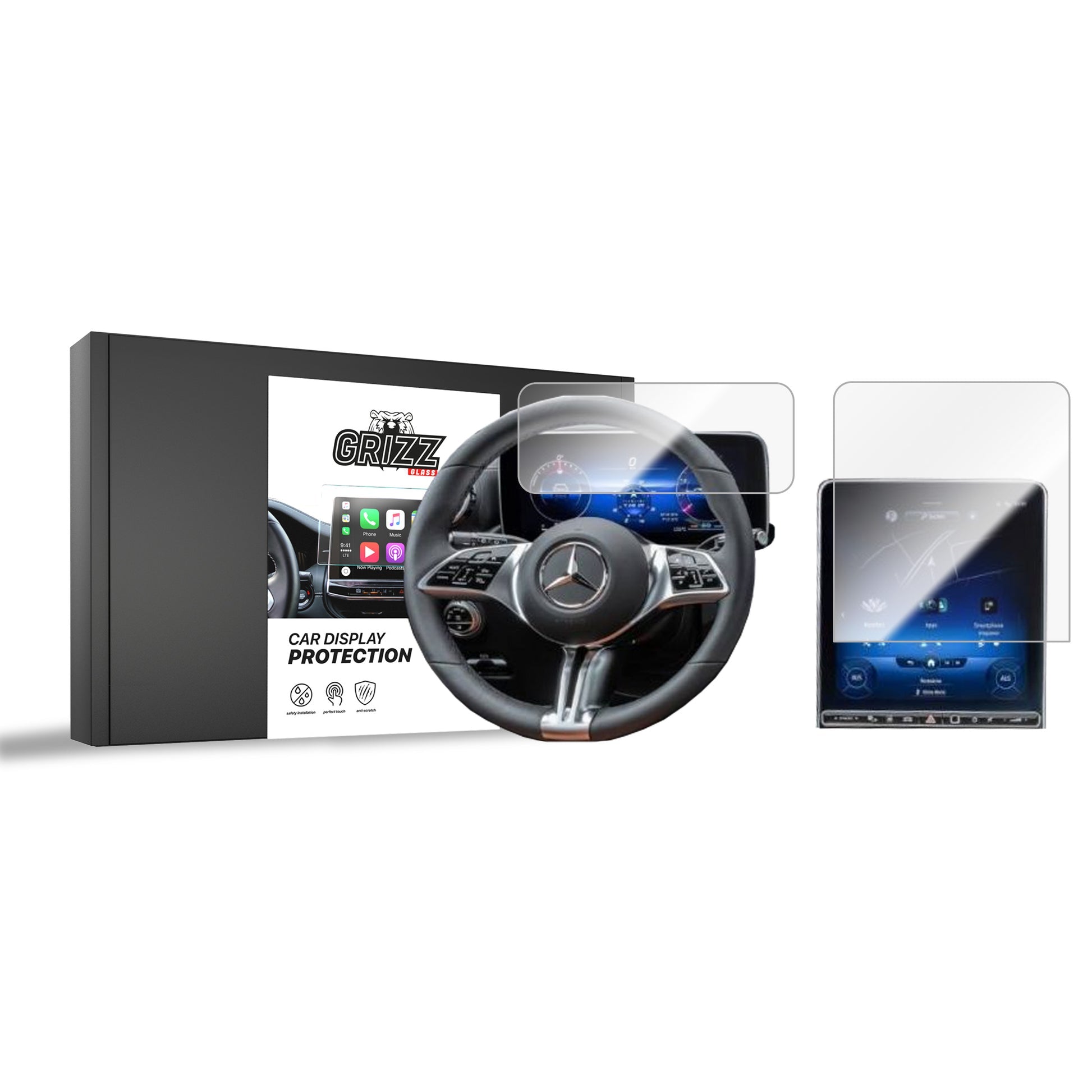 Folie de protecție pentru ecranul de navigație Grizz 2în1 pentru Mercedes EQE SUV Widescreen (2022-2025) Folie Navi, Rezistentă la zgârieturi, Clară