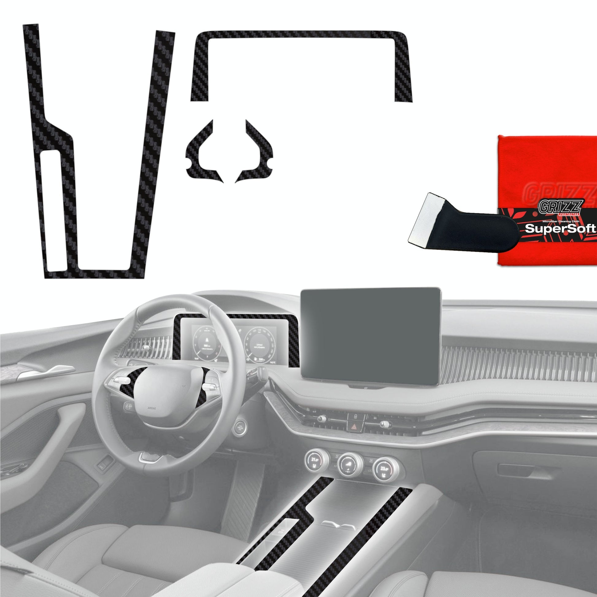 Folie de protecție 4în1 pentru consola centrală și bord - Skoda Superb 4 (2024-2025) aspect carbon mat, antifingerprint