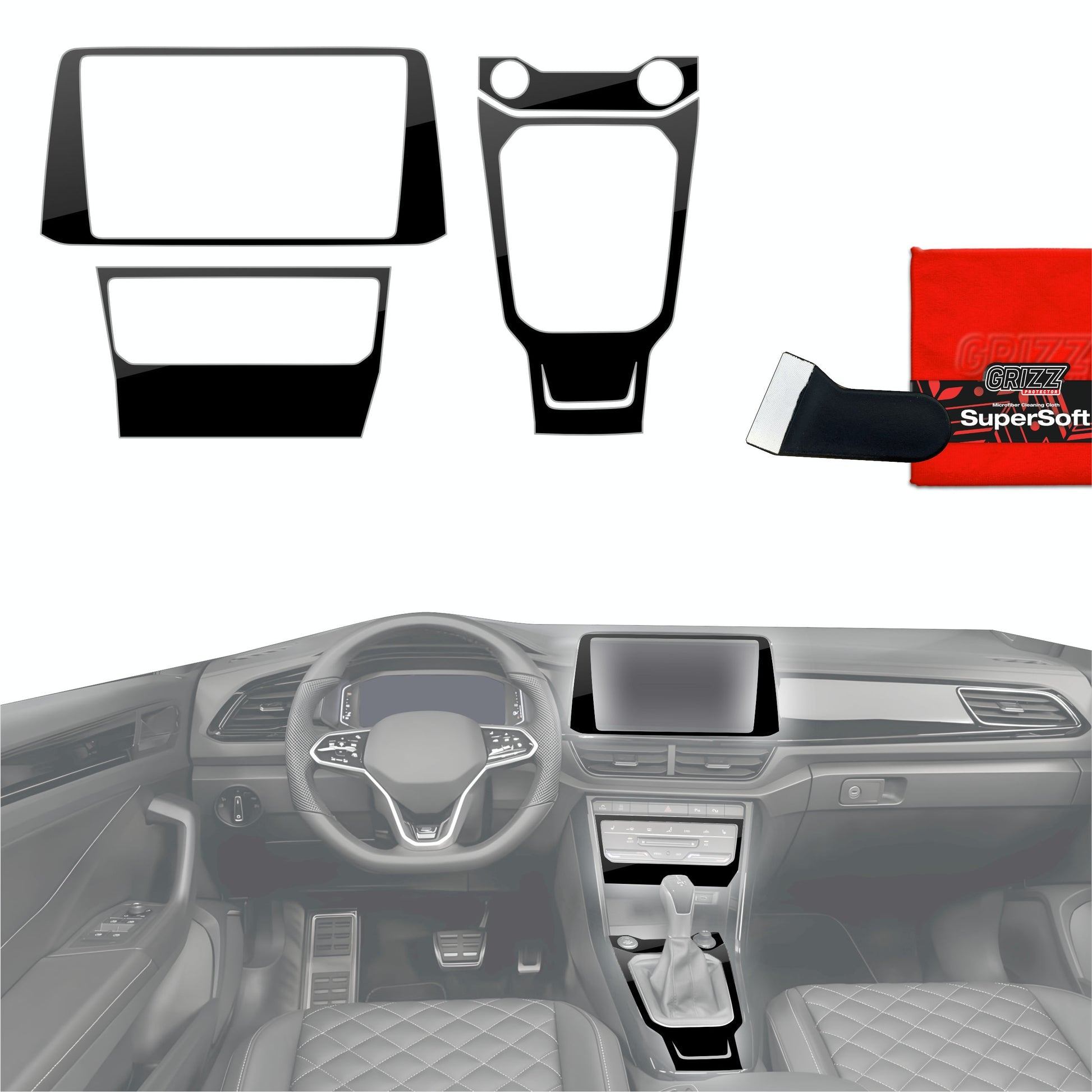 Folie de protecție 4în1 pentru consola centrală și bord - Volkswagen T-Roc R-Line (2025) Negru lucios