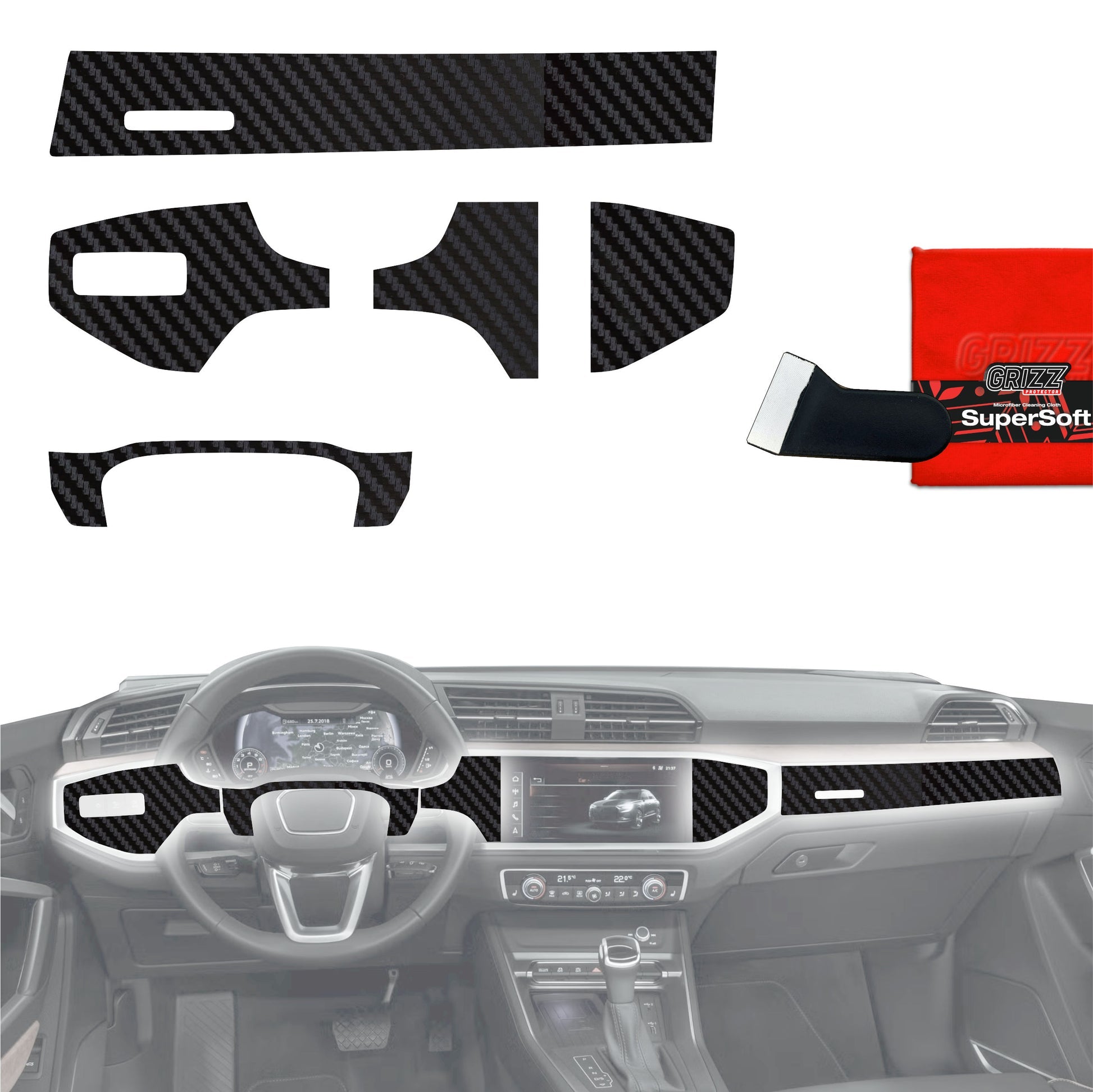 Folie de protecție 6în1 pentru consola centrală și bord - Audi Q3 (2018-2025) aspect carbon mat antifingerprint