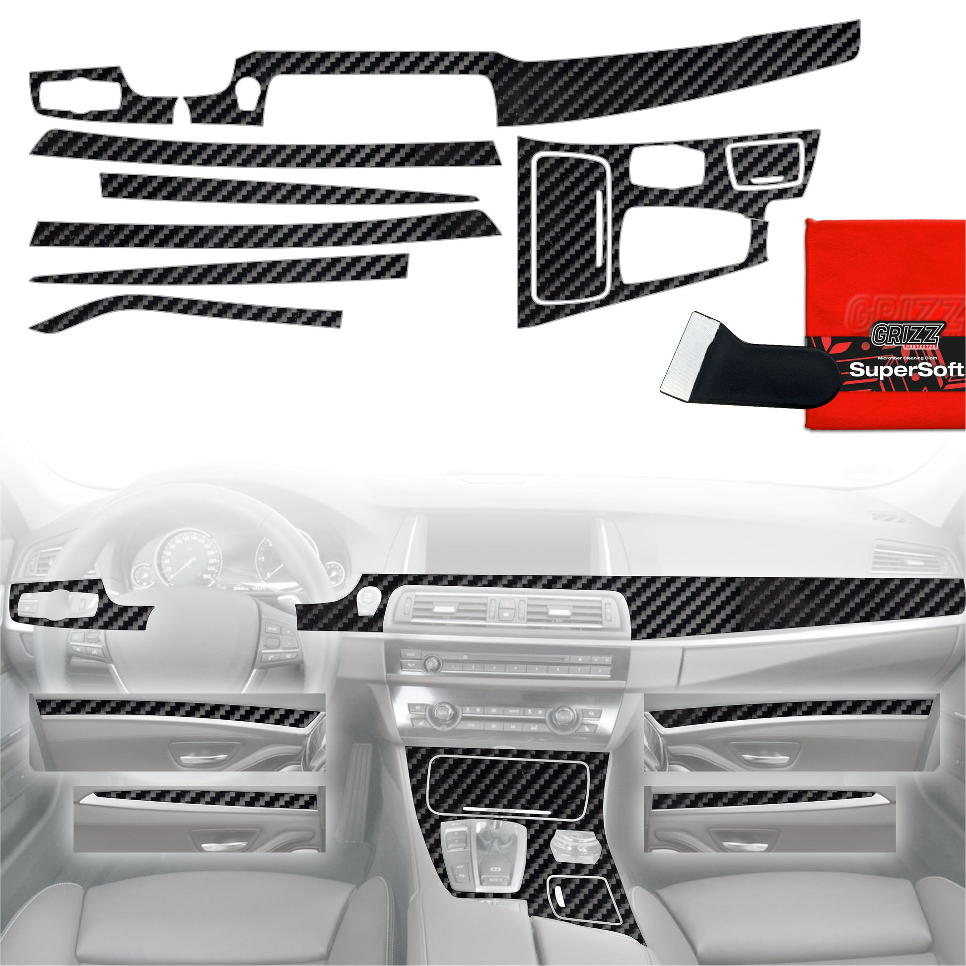 Folie de protecție 8în1 pentru consola centrală și bord - BMW 5 F10 (2012-2017) aspect carbon lucios