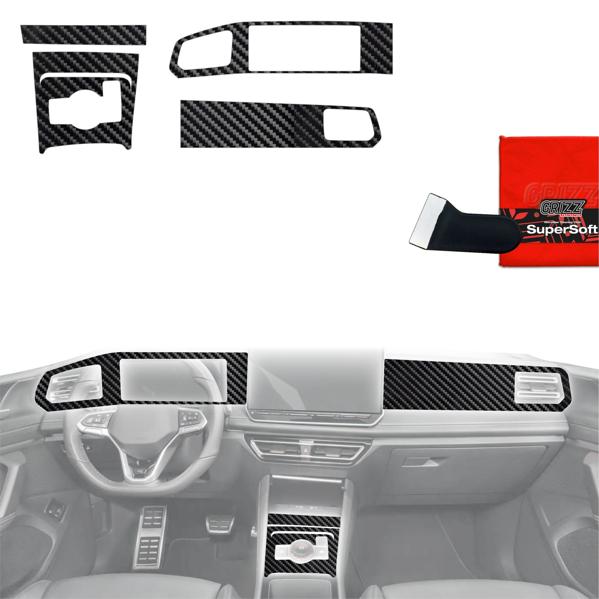 Folie de protecție 5în1 pentru consola centrală și bord - Volkswagen Tiguan 3 (2024-2025) aspect carbon lucios