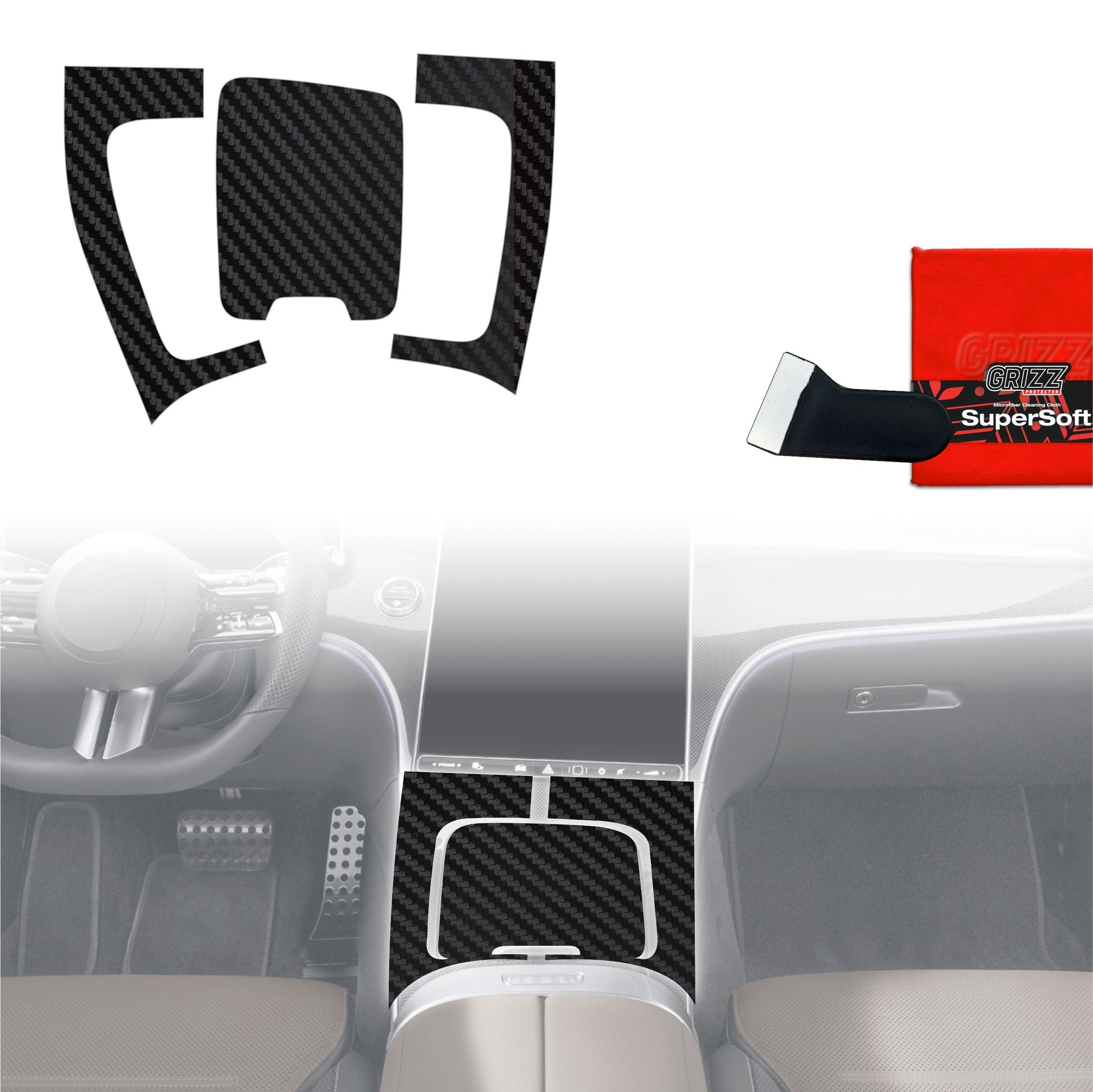 Folie de protecție 3în1 pentru consola centrală - Mercedes C Clasa W206 (2021-2025) Aspect carbon mat antifingerprint