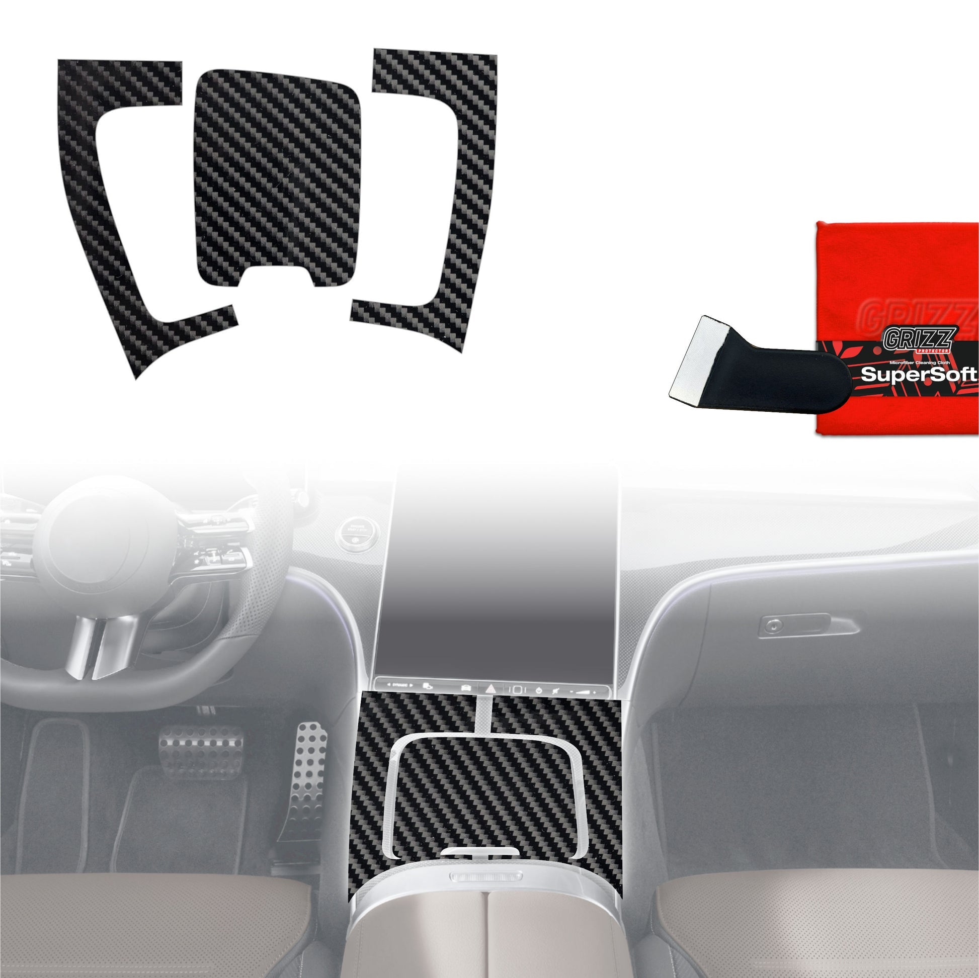 Folie de protecție 3în1 pentru consola centrală - Mercedes Clasa C W206 (2021-2025) Aspect carbon lucios