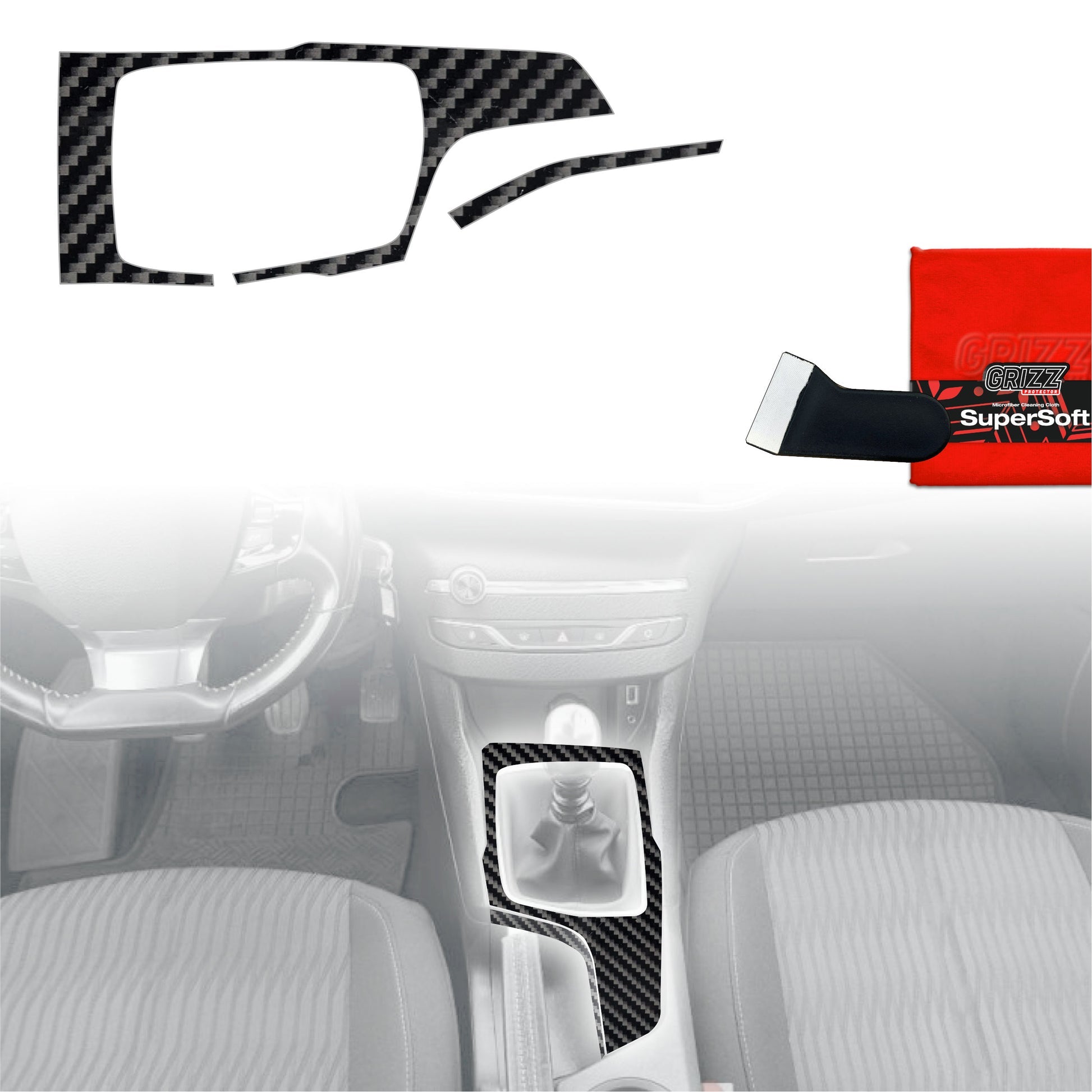 Folie de protecție 2în1 pentru consola centrală - Peugeot 308 Combi (2013-2021) aspect carbon lucios
