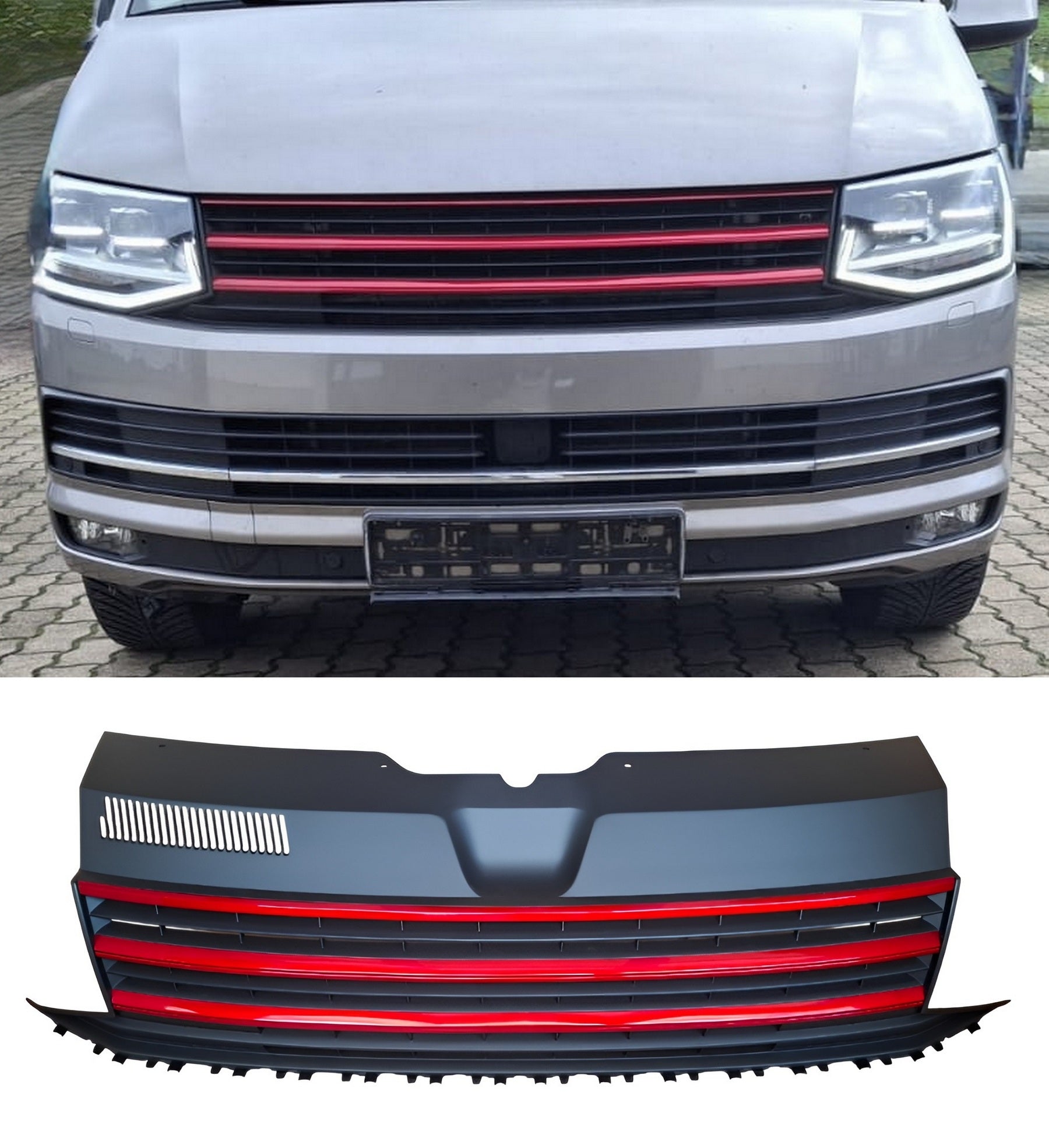 Grilă față sport fără insignă, compatibilă cu VW T6, negru și roșu, fără emblemă