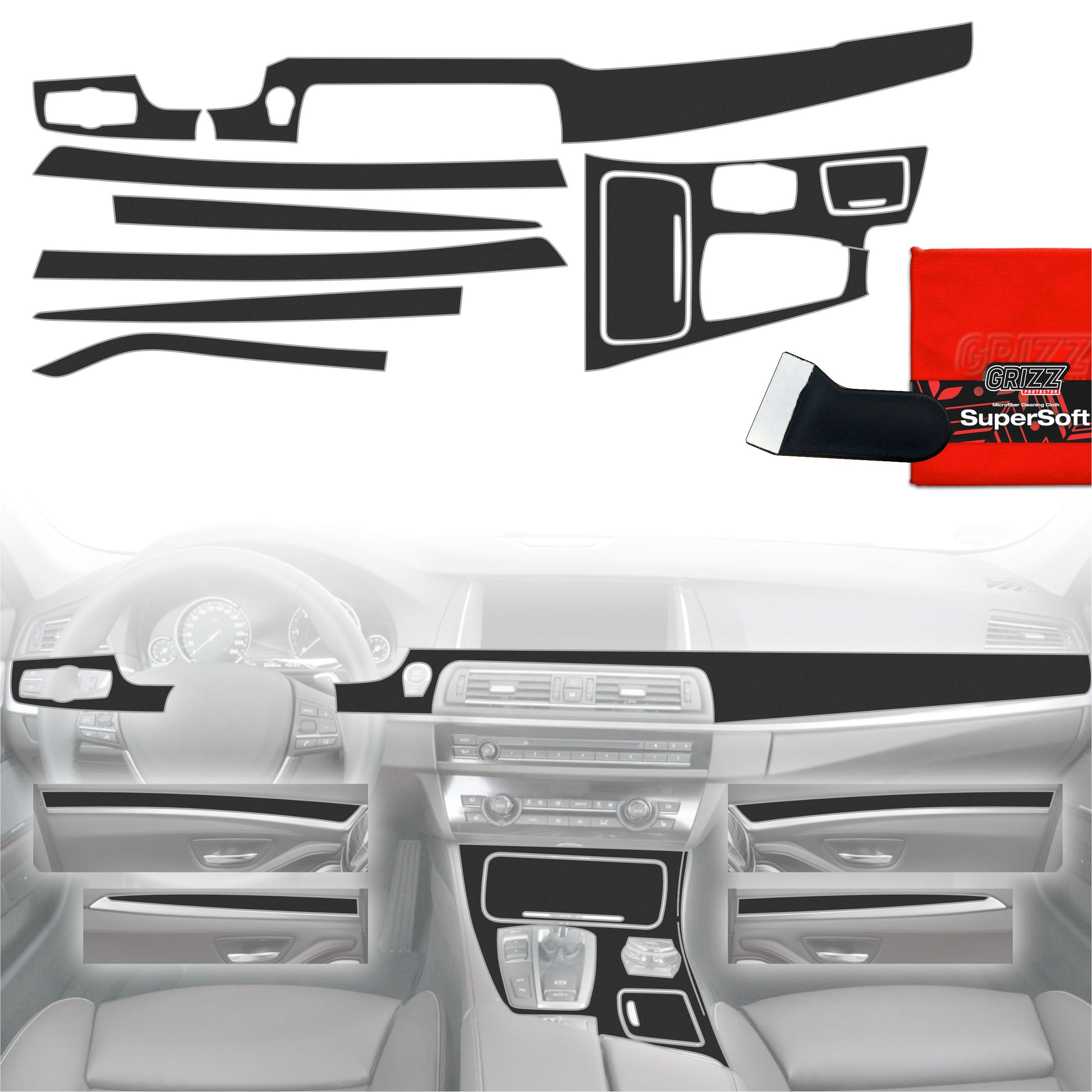 Folie de protecție 8în1 pentru consola centrală și bord - BMW 5 F10 (2012-2017) Negru Mat Antiamprentă