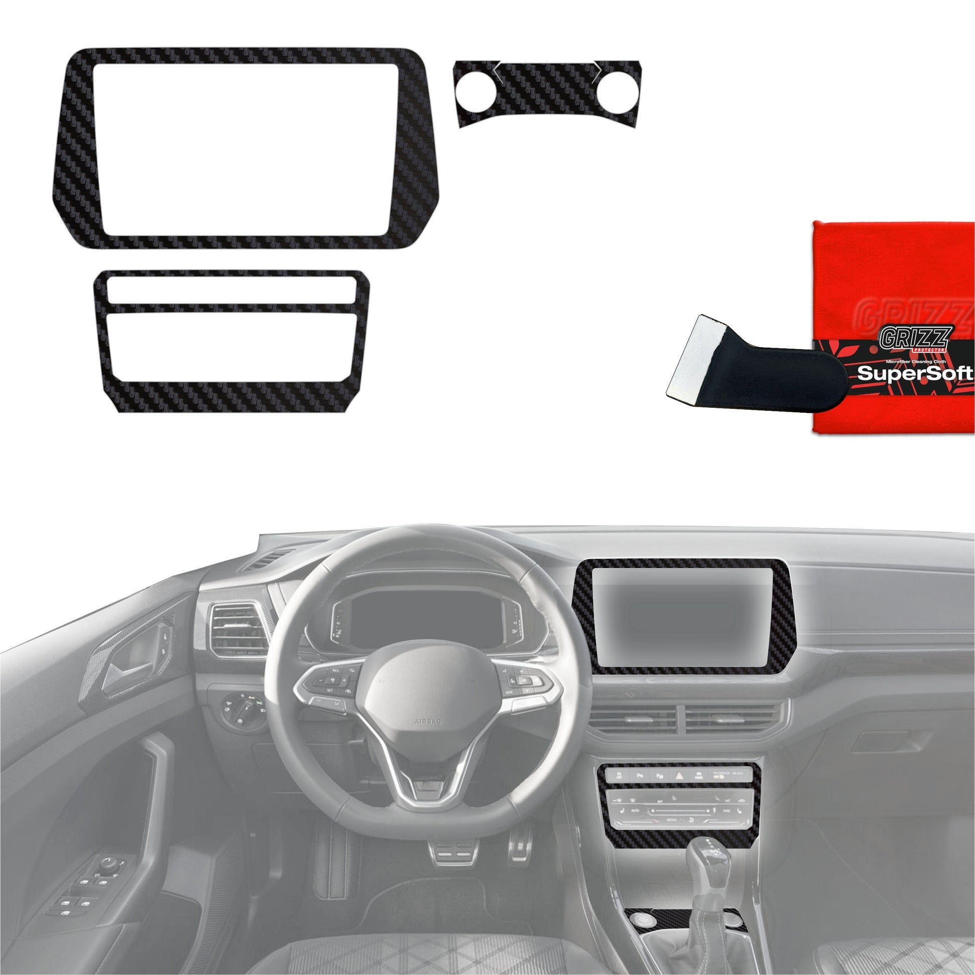 Folie de protecție 4în1 pentru consola centrală și bord - Volkswagen T-Cross (2025) aspect carbon mat antifingerprint