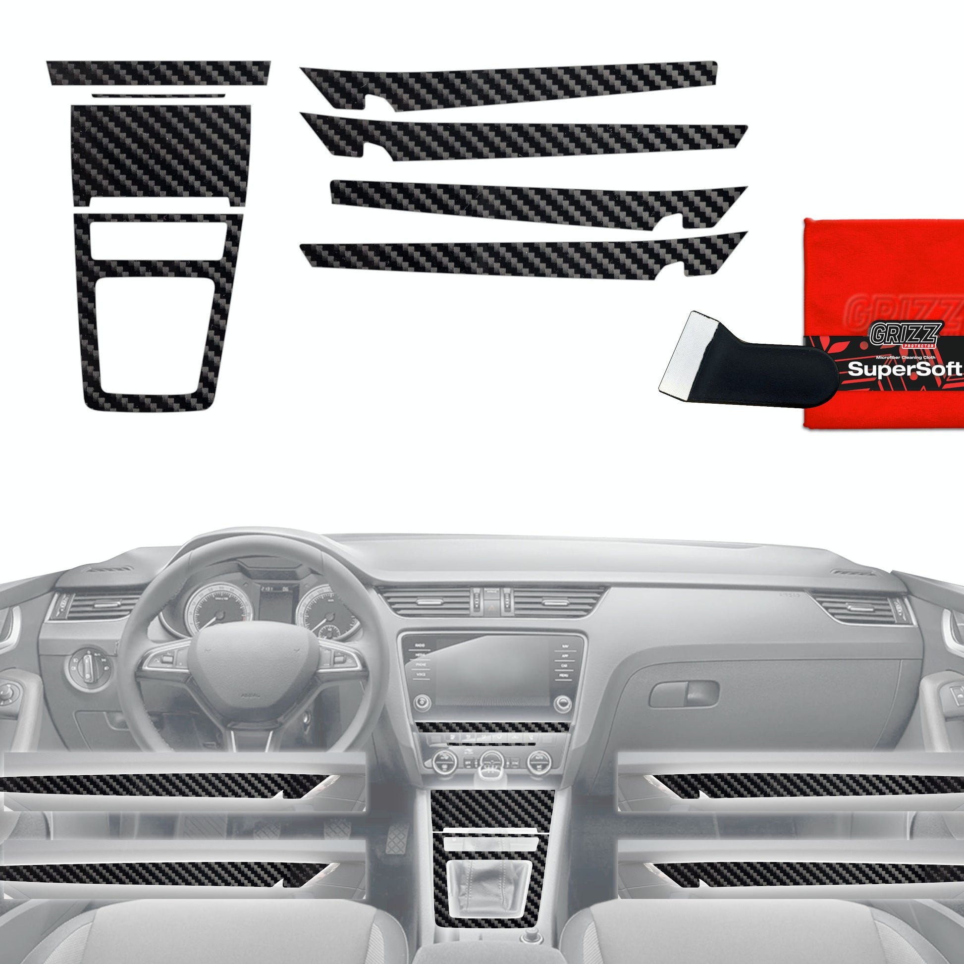 Folie de protecție 8în1 pentru consola centrală și bord - Skoda Octavia 3 (2017-2020) aspect carbon lucios
