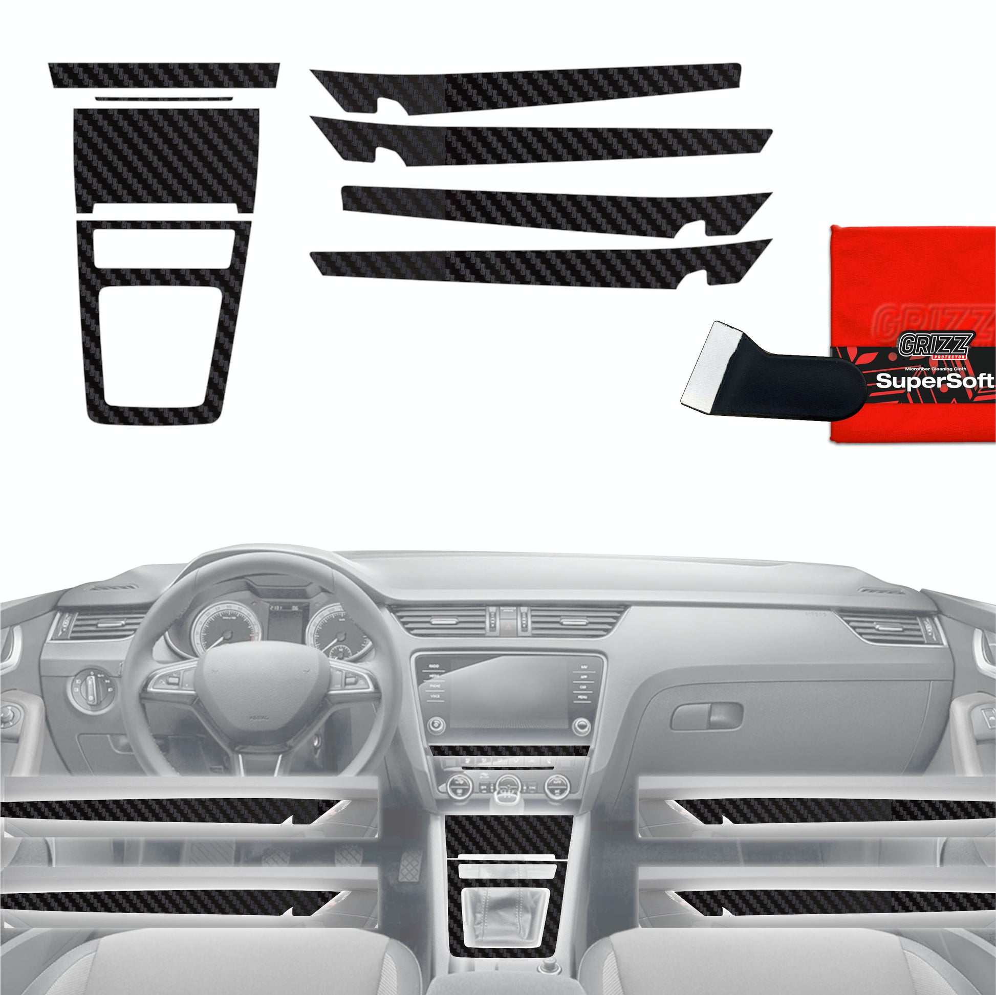 Folie de protecție 8în1 pentru consola centrală și bord - Skoda Octavia 3 (2017-2020) aspect carbon mat, anti-amprentă