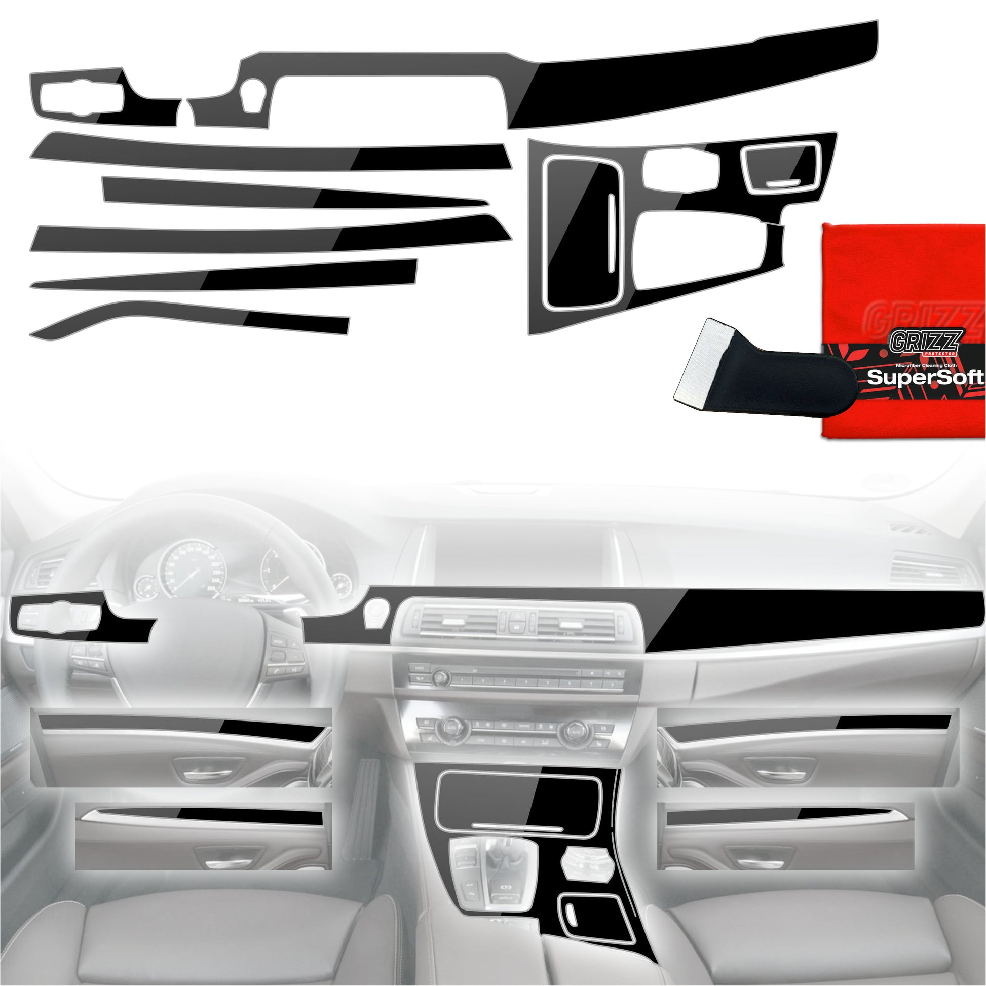 Folie de protecție 8în1 pentru consola centrală și bord - BMW 5 F10 (2012-2017) Negru lucios