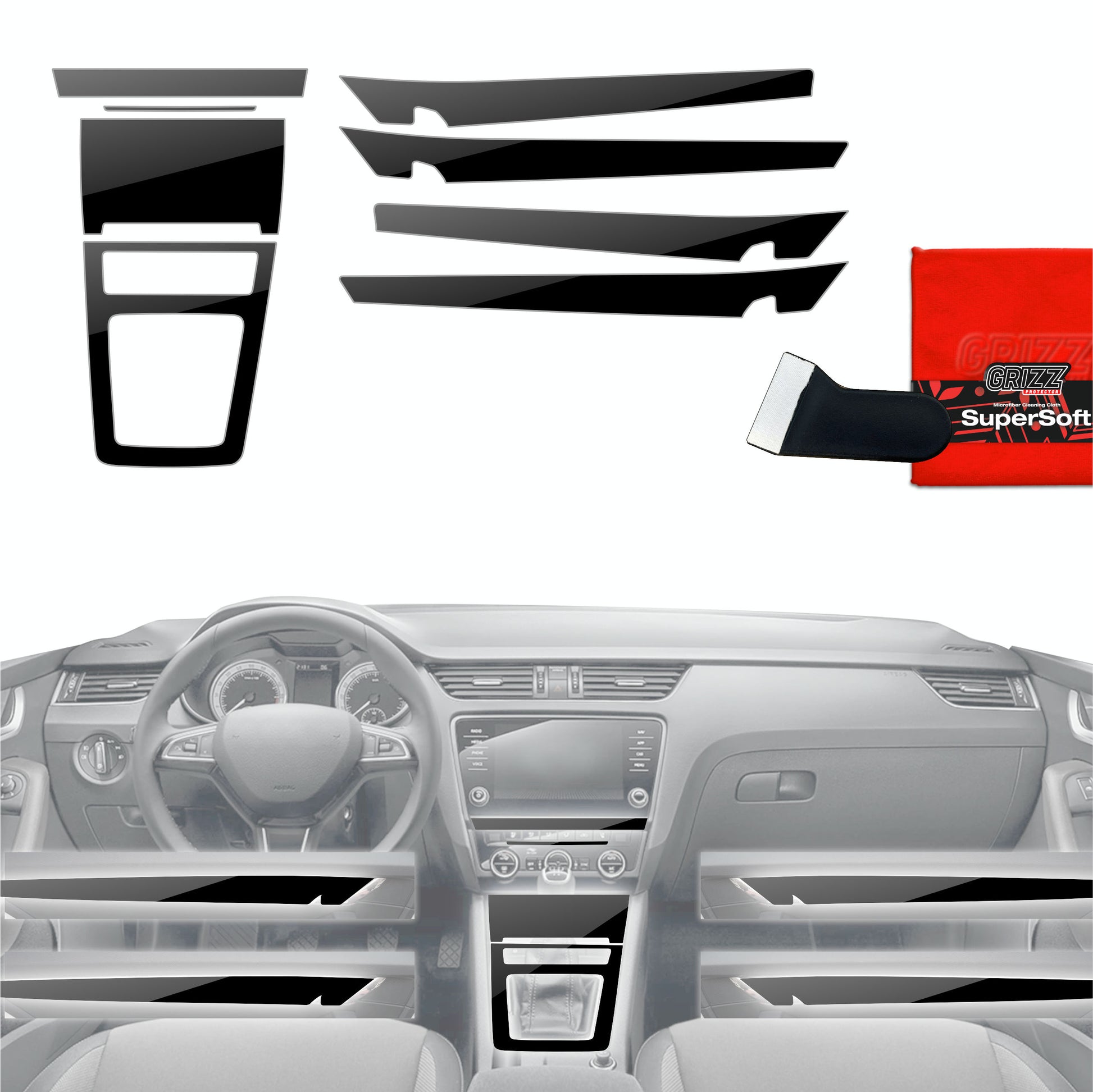 Folie de protecție 8în1 pentru consola centrală și bord - Skoda Octavia 3 (2017-2020) Negru lucios