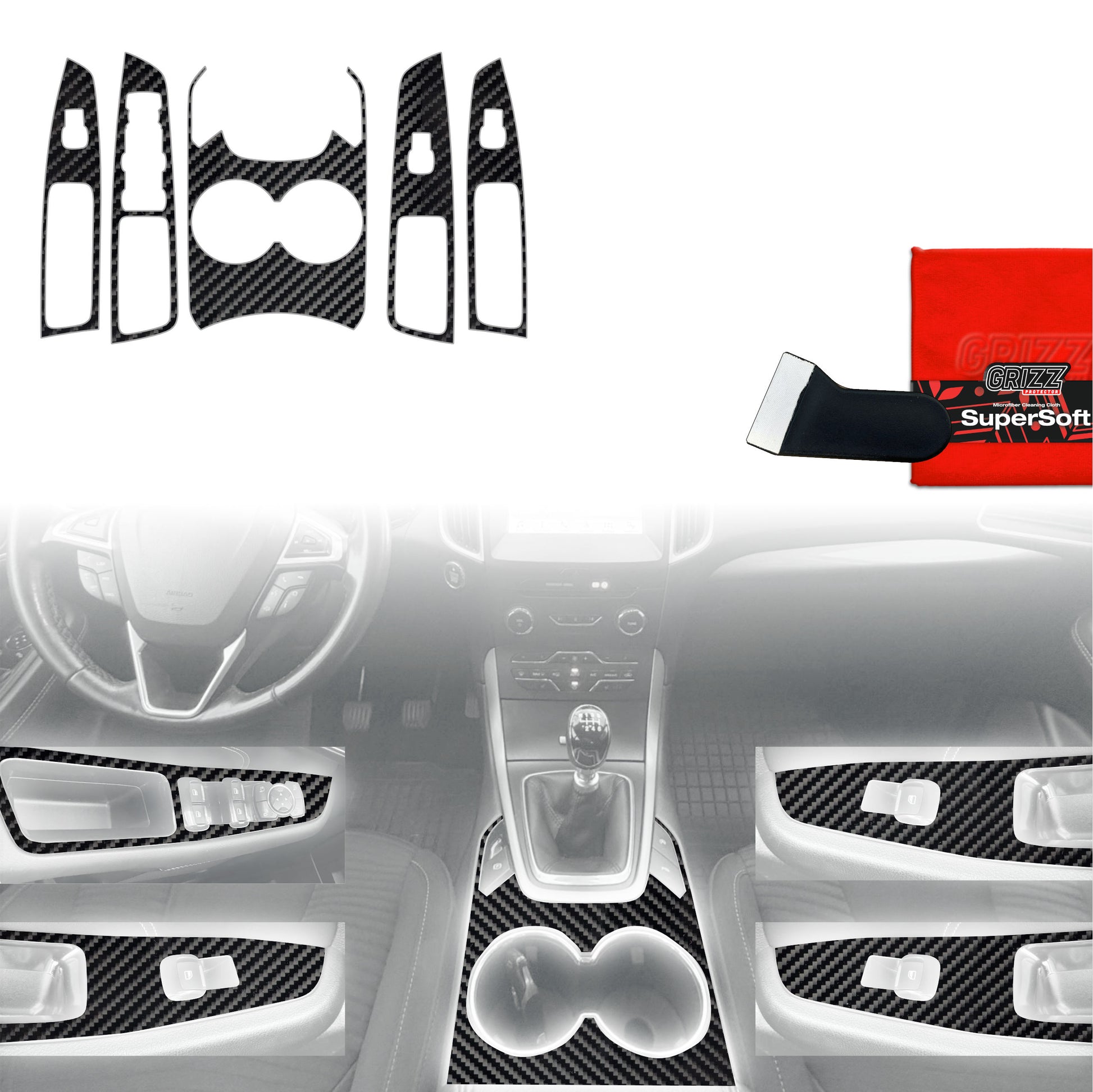 Folie de protecție 5în1 pentru consola centrală - Ford S-Max MK2 (2015-2023) aspect carbon lucios