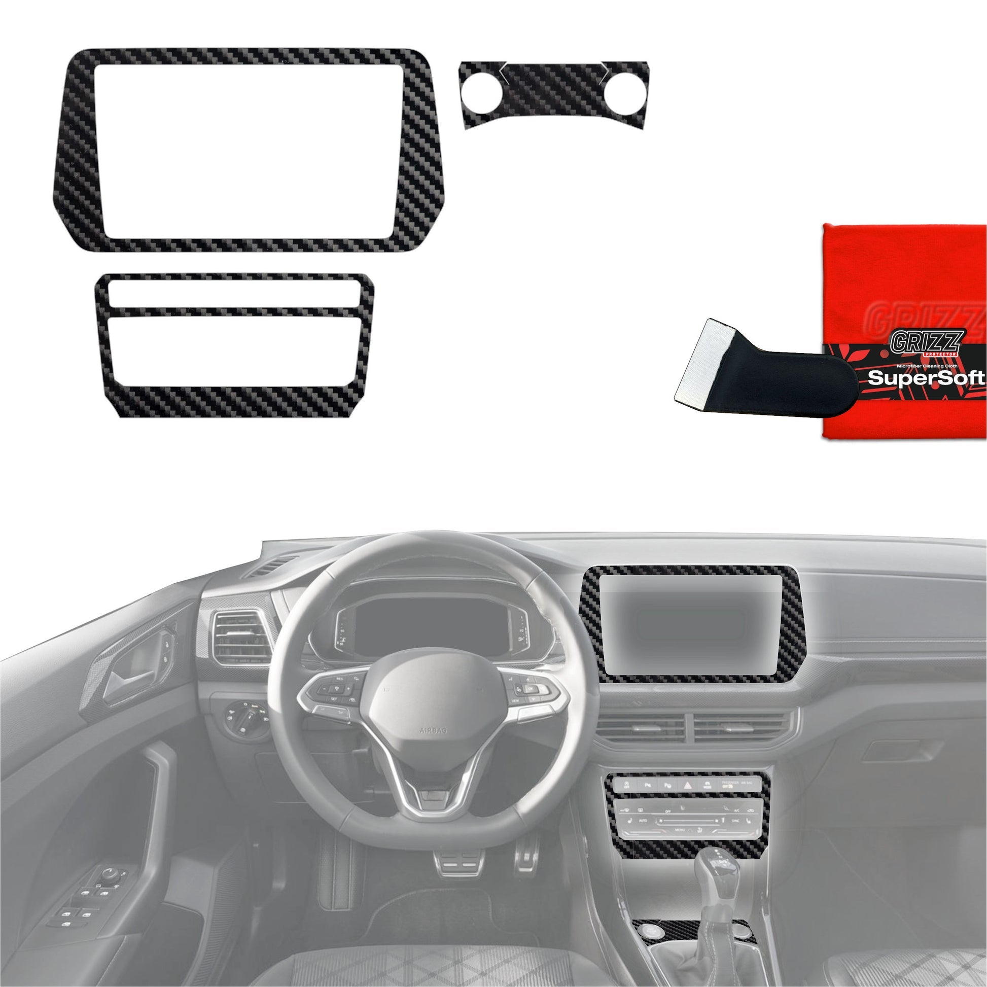 Folie de protecție 4în1 pentru consola centrală și bord - Volkswagen T-Cross (2025) aspect carbon lucios