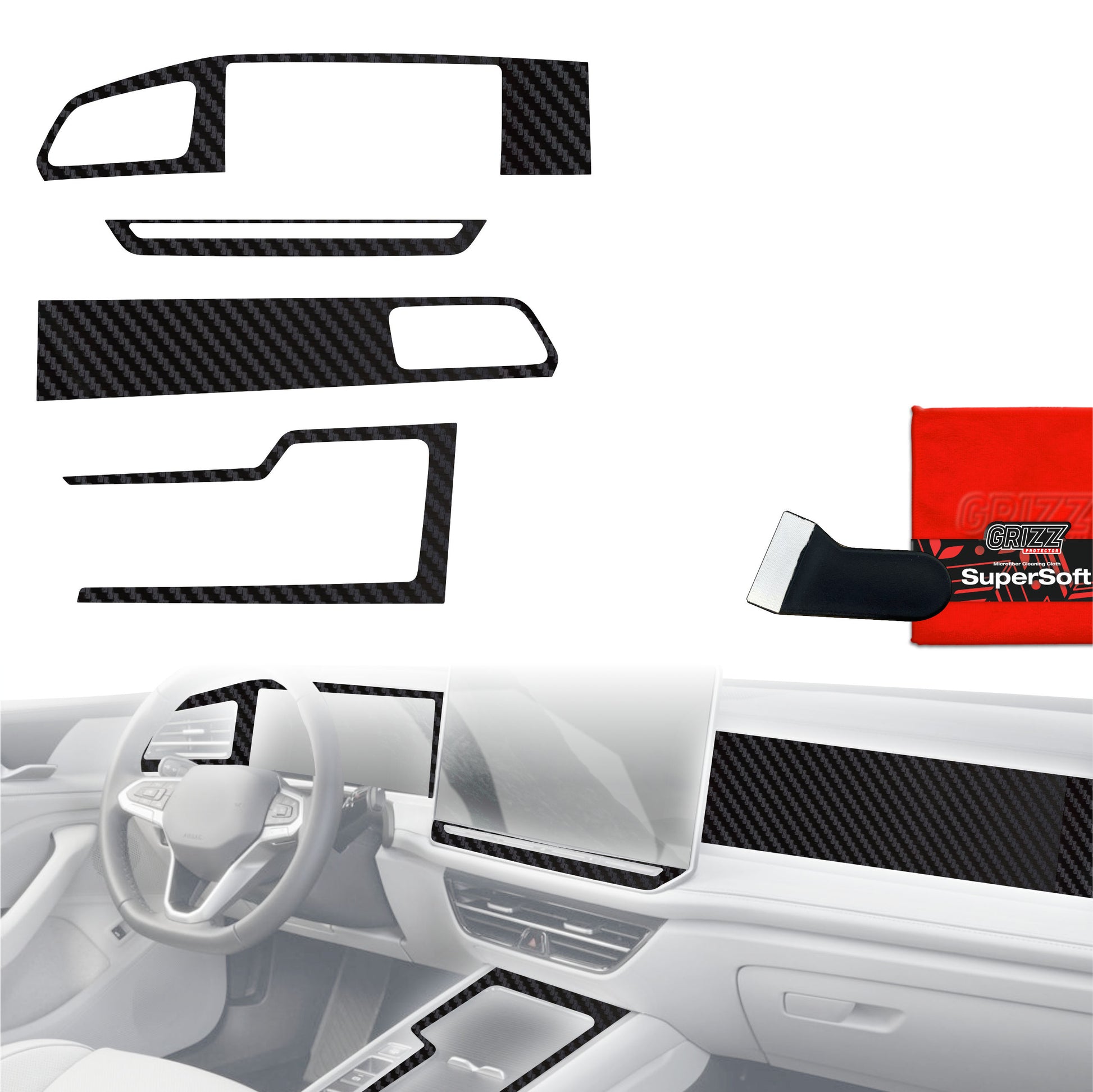 Folie de protecție 4în1 pentru consola centrală și bord - Volkswagen Passat B9 12,9" (2024-2025) Aspect carbon mat, anti-amprentă