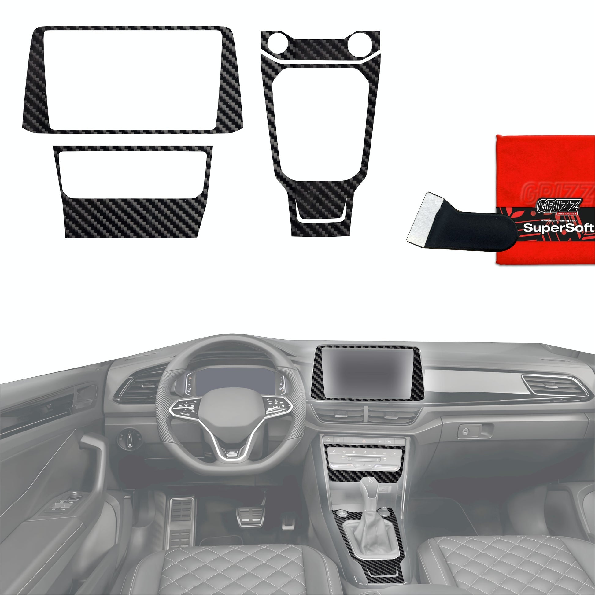 Folie de protecție 4în1 pentru consola centrală și bord - Volkswagen T-Roc R-Line (2025) aspect carbon lucios