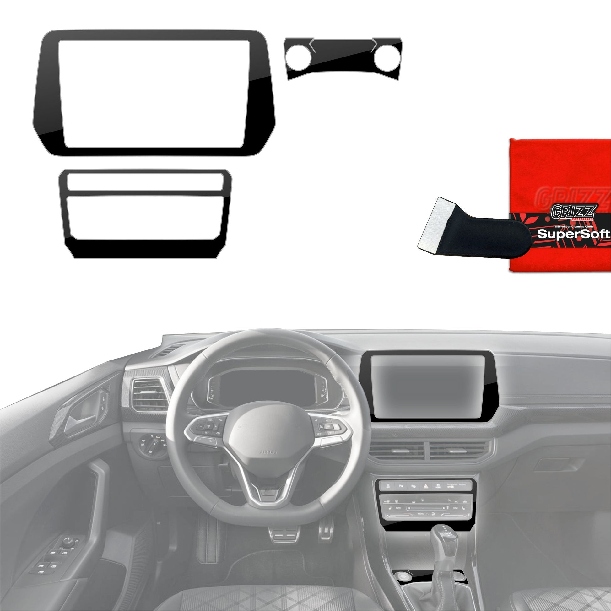 Folie de protecție 4în1 pentru consola centrală și bord - Volkswagen T-Cross (2025) Negru lucios