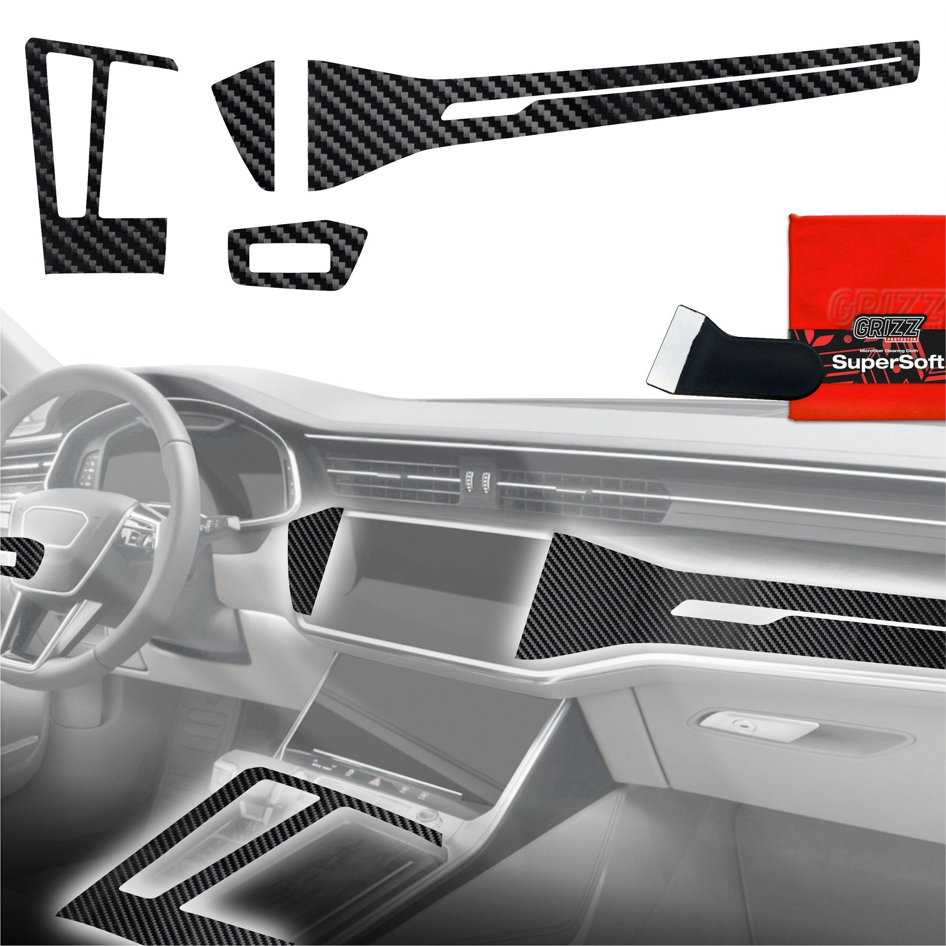 Folie de protecție 4în1 pentru consola centrală - Audi A7 C8 (2018-2025) aspect carbon lucios